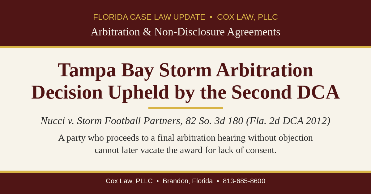 Tampa Bay Storm arbitration decision upheld – Nucci v. Storm Football Partners case brief graphic