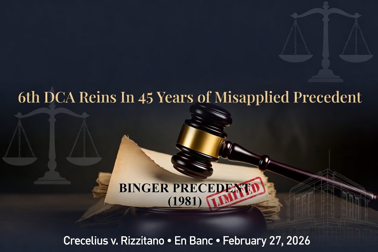 Illustration of a gavel resting on a document reading ‘Binger Precedent (1981)’ stamped ‘Limited,’ representing the case Crecelius v. Rizzitano, En Banc, February 27, 2026.