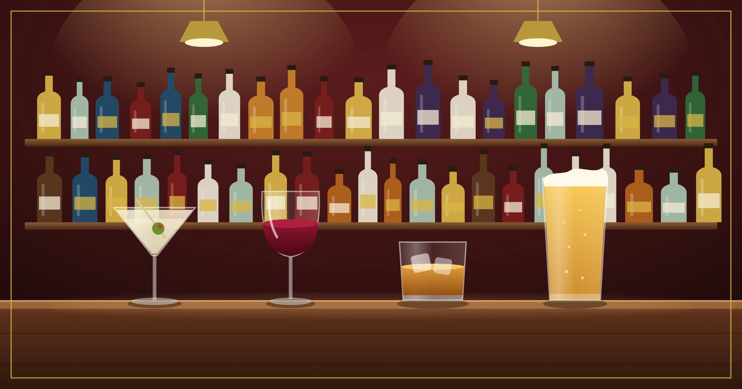 Illustrated bar with liquor bottles, a martini, red wine, whiskey, and beer — Florida quota license